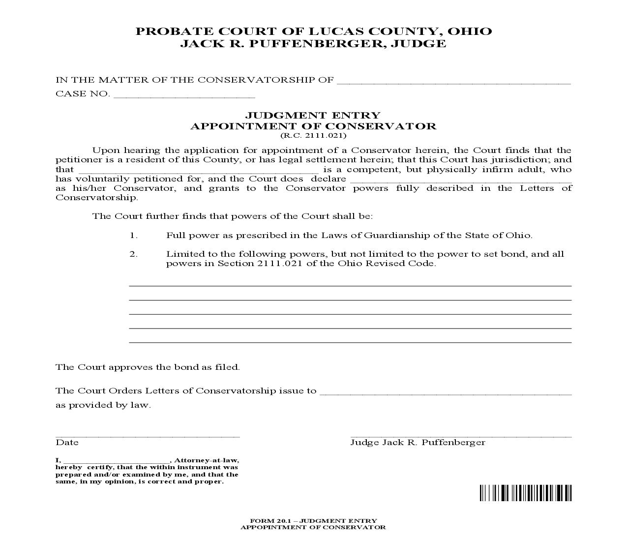 Judgment Entry Appointment Of Conservator {20.1} | Pdf Fpdf Doc Docx | Ohio
