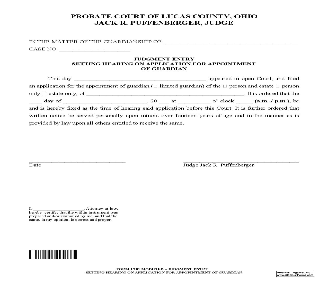 Judgment Entry Setting Hearing On Application For Appointment Of Guardian {15.01} | Pdf Fpdf Doc Docx | Ohio