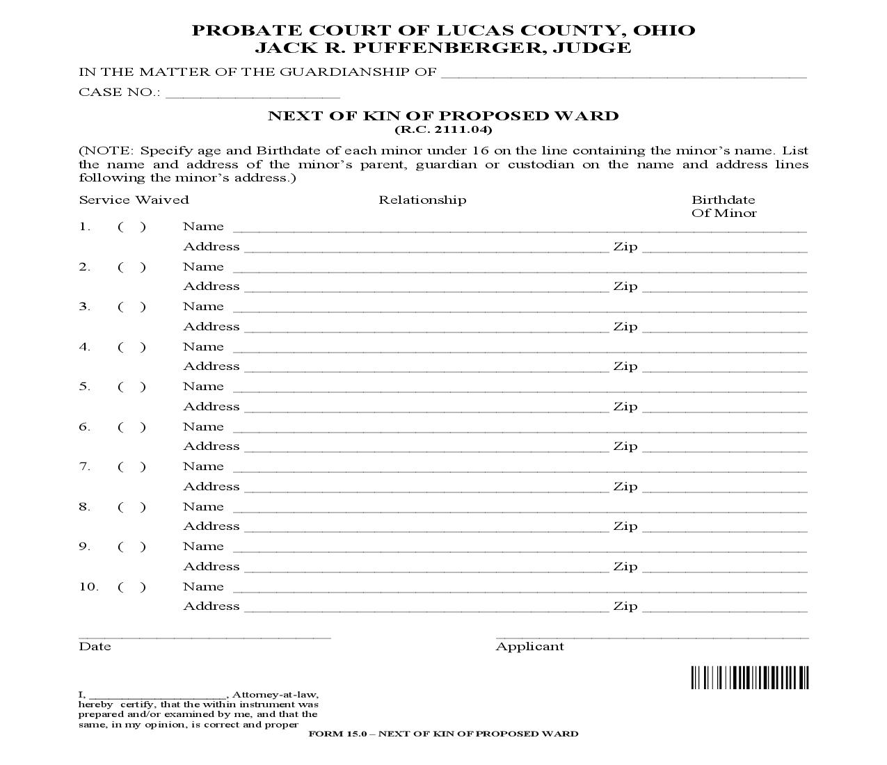 Next Of Kin Of Proposed Ward {15.0} | Pdf Fpdf Doc Docx | Ohio