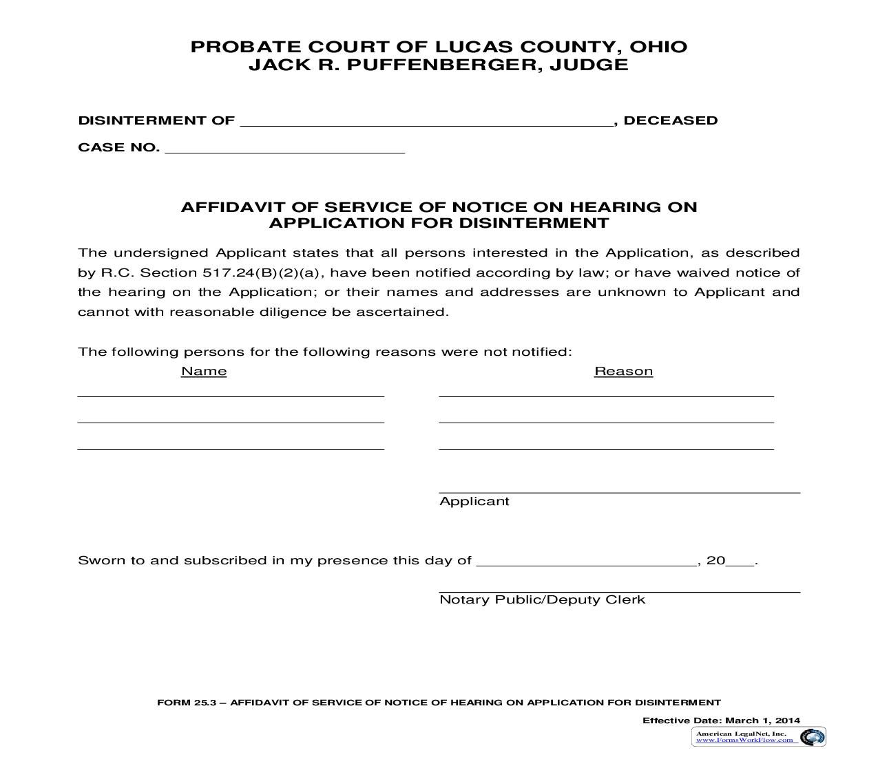 Affidavit Of Service Of Notice On Hearing On Application For Disinterment {25.3} | Pdf Fpdf Doc Docx | Ohio