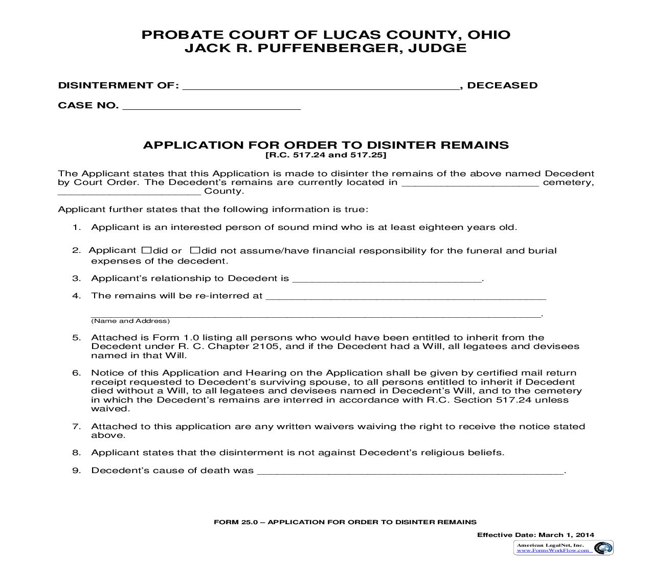 Application For Order To Disinter Remains {25} | Pdf Fpdf Doc Docx | Ohio