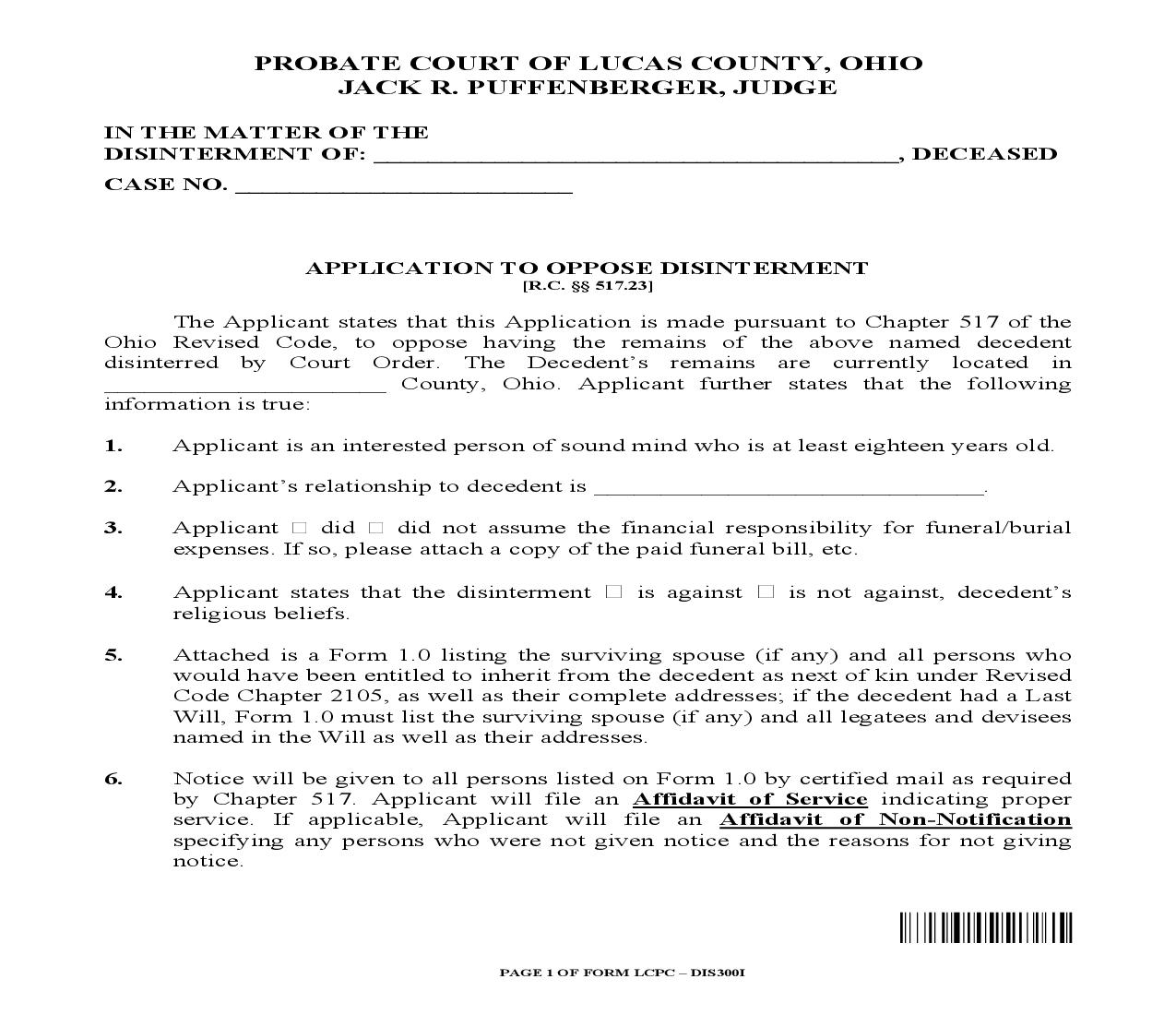 Application To Oppose Disinterment {DIS300I} | Pdf Fpdf Doc Docx | Ohio