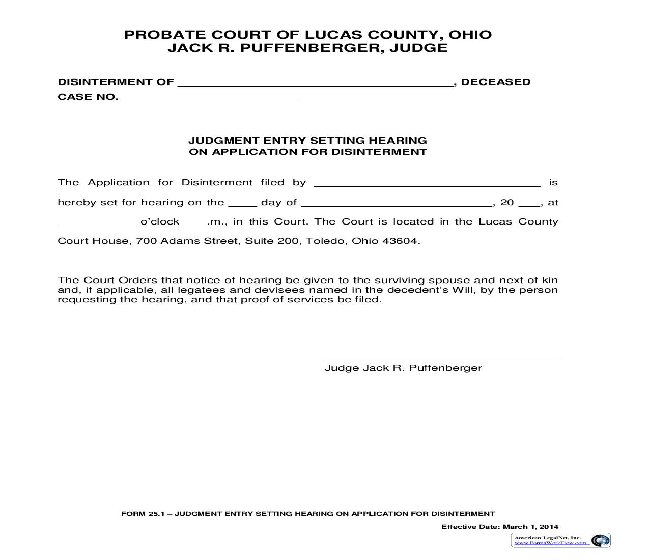 Judgment Entry Setting Hearing On Application For Disinterment {25.1} | Pdf Fpdf Doc Docx | Ohio