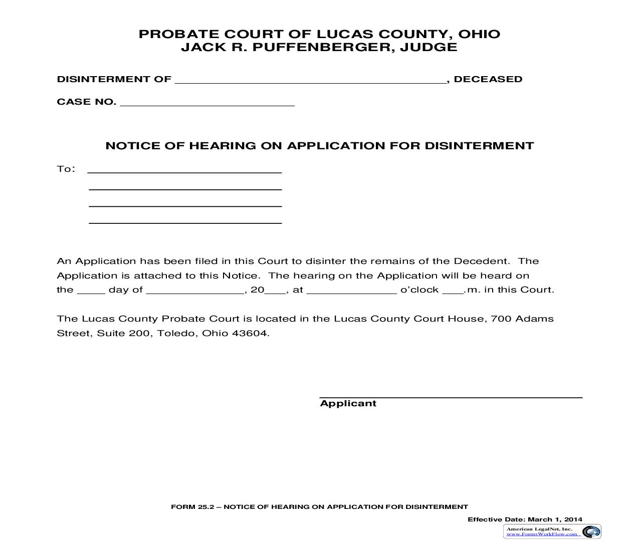 Notice Of Hearing On Application For Disinterment {25.2} | Pdf Fpdf Doc Docx | Ohio