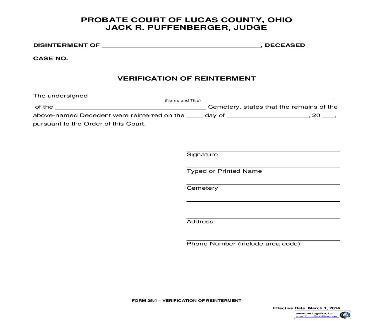 Verification Of Reinterment {25.4} | Pdf Fpdf Doc Docx | Ohio