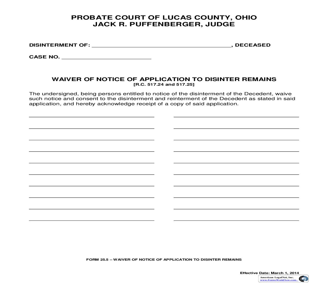 Waiver Of Notice Of Application To Disinter Remains {25.5} | Pdf Fpdf Doc Docx | Ohio