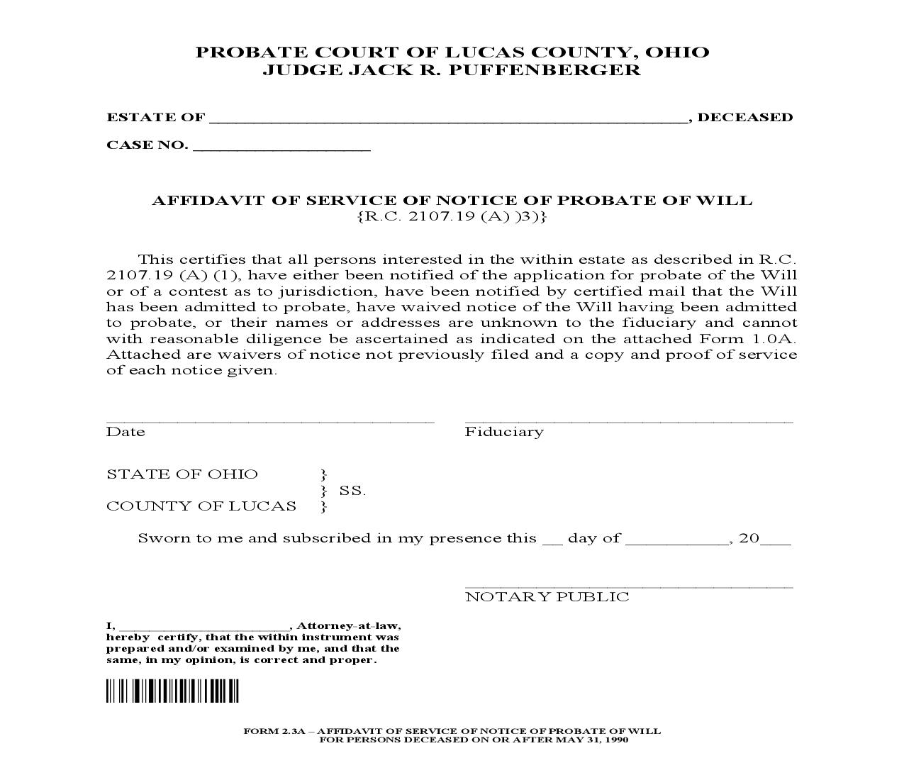Affidavit Of Service Of Notice Of Probate Of Will {2.3A} | Pdf Fpdf Doc Docx | Ohio
