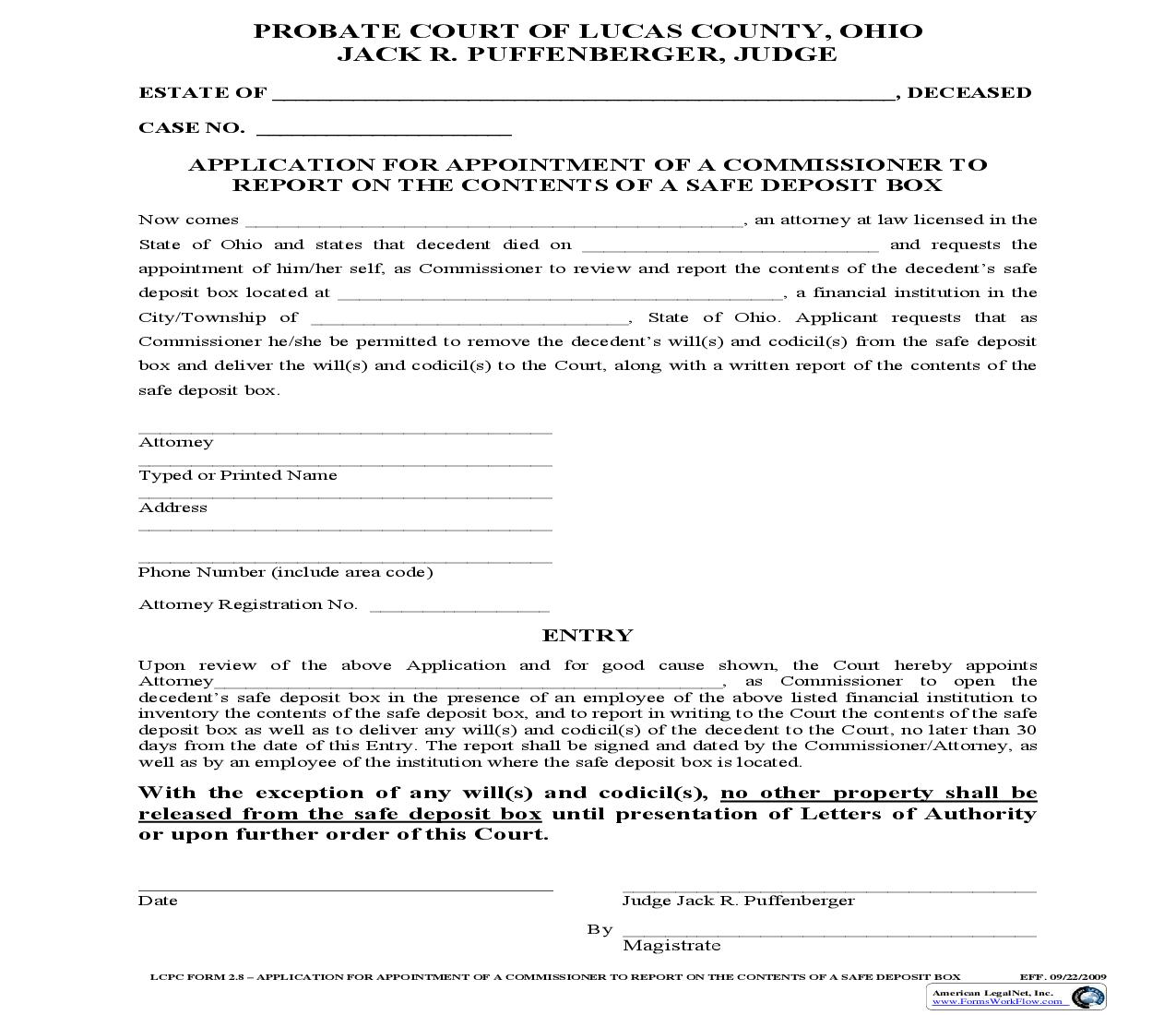 Application For Appointment Of A Commissioner To Report On The Contents Of A Safe Deposit Box {2.8} | Pdf Fpdf Doc Docx | Ohio