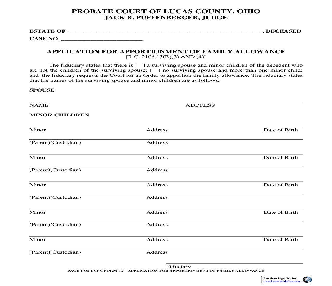 Application For Apportionment Of Family Allowance {7.2} | Pdf Fpdf Doc Docx | Ohio