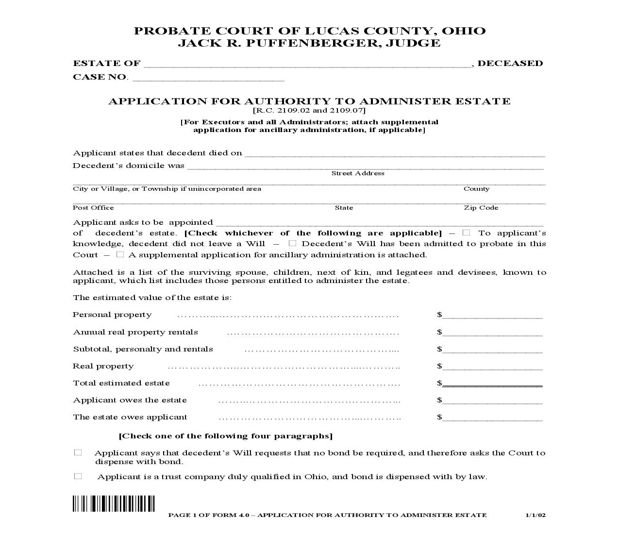 Application For Authority To Administer Estate {4.0} | Pdf Fpdf Doc Docx | Ohio