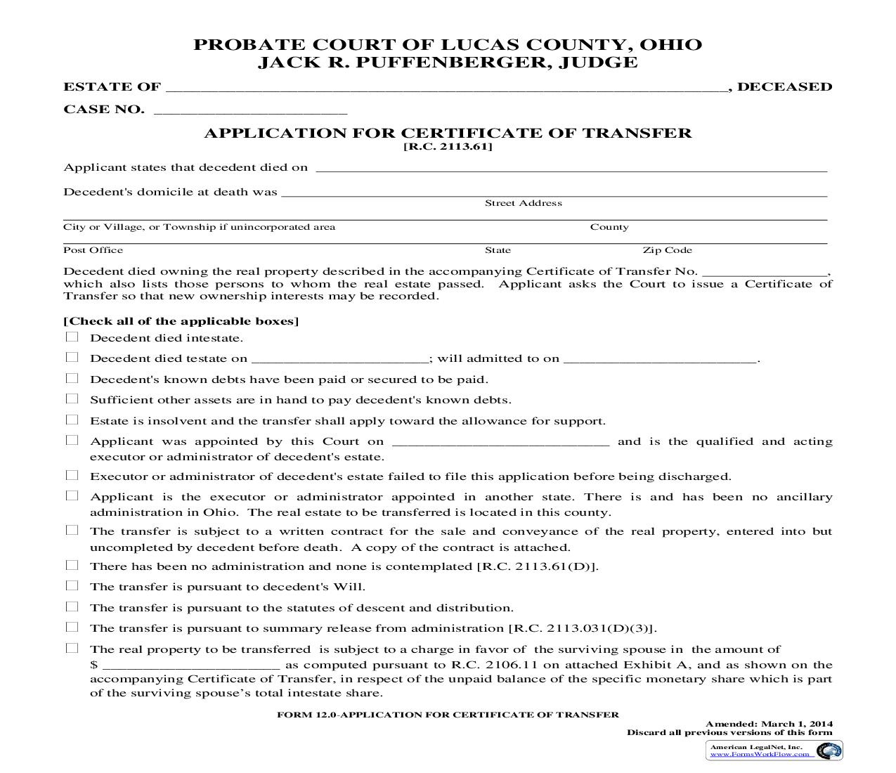 Application For Certificate Of Transfer {12.0} | Pdf Fpdf Doc Docx | Ohio