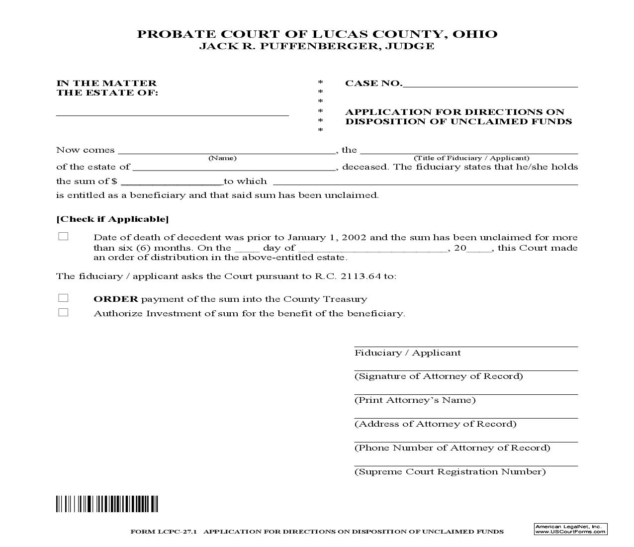 Application For Directions On Disposition Of Unclaimed Funds {27.1} | Pdf Fpdf Doc Docx | Ohio