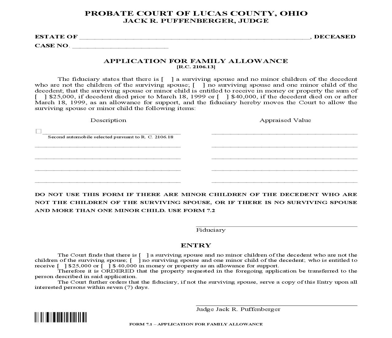 Application For Family Allowance {7.1} | Pdf Docx | Ohio