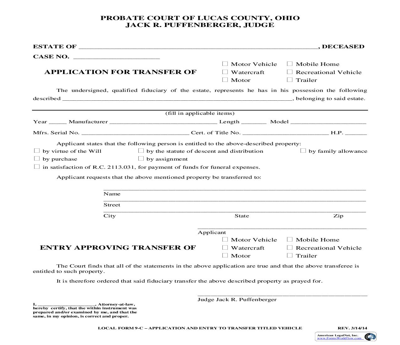 Application For Transfer Of {9-C} | Pdf Fpdf Doc Docx | Ohio