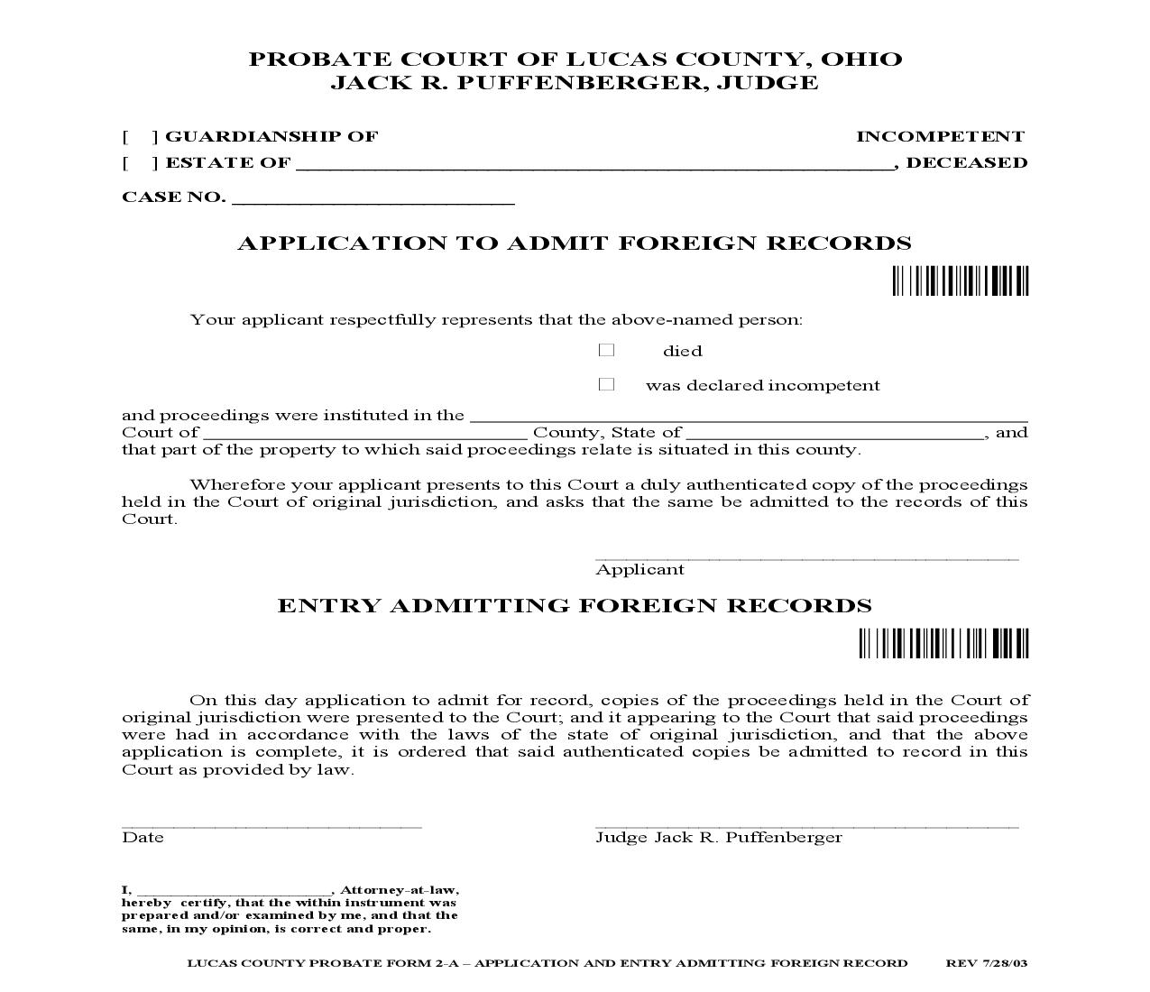 Application To Admit Foreign Record {2-A} | Pdf Fpdf Doc Docx | Ohio