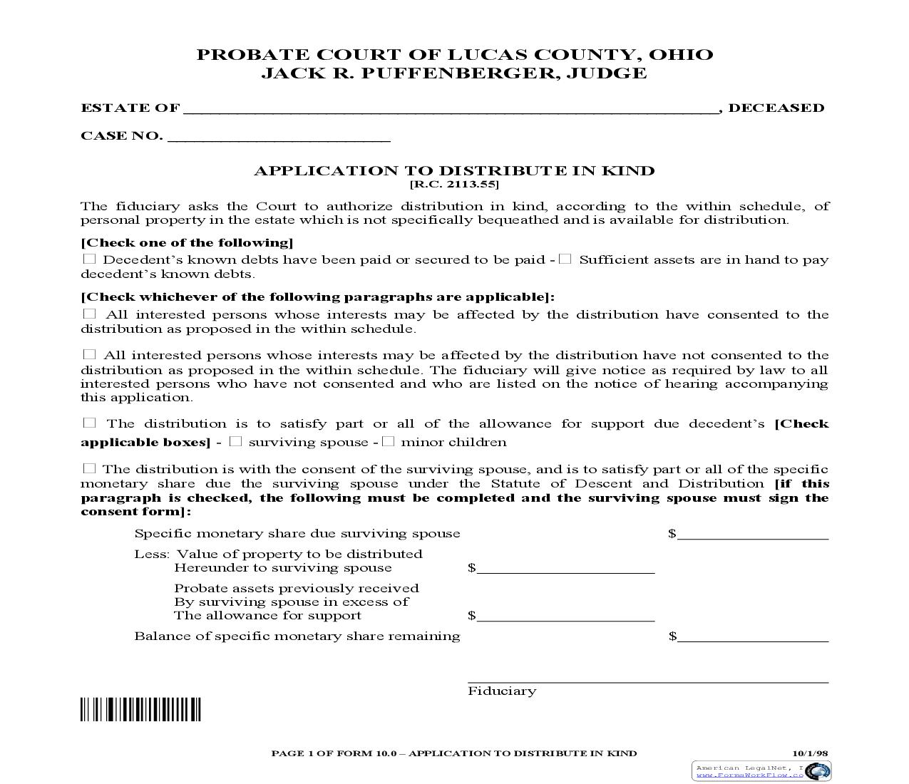 Application To Distribute In Kind {10.0} | Pdf Fpdf Doc Docx | Ohio