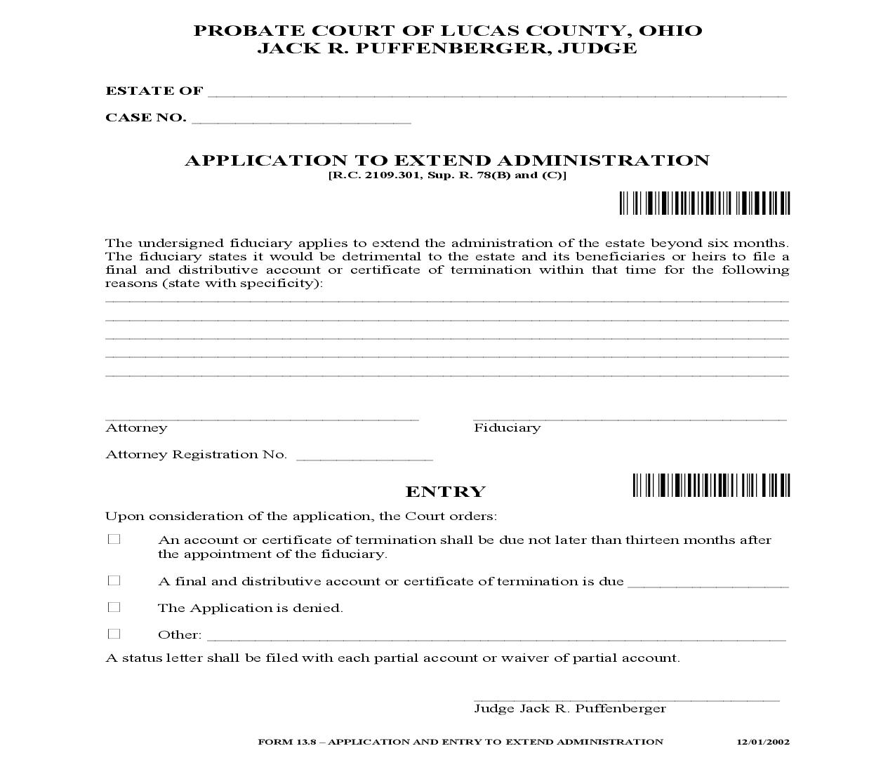 Application To Extend Administration {13.8} | Pdf Fpdf Doc Docx | Ohio