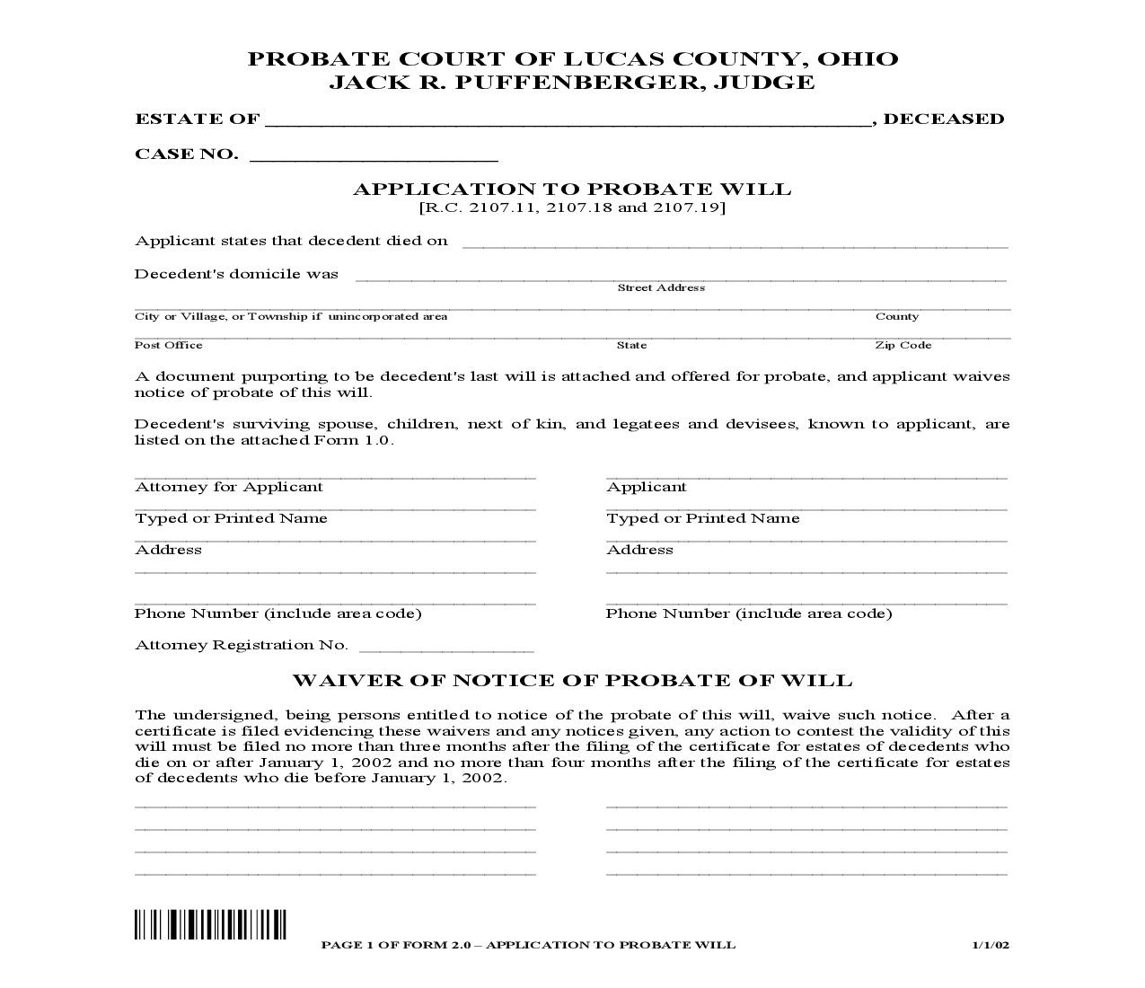 Application To Probate Will {2.0} | Pdf Fpdf Doc Docx | Ohio