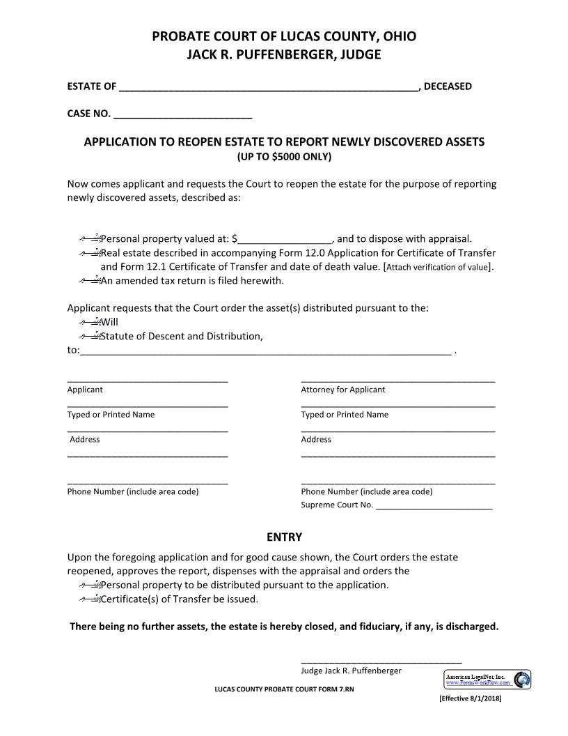 Application To Reopen Estate To Report Newly Discovered Assets {7.RN} | Pdf Fpdf Docx | Ohio