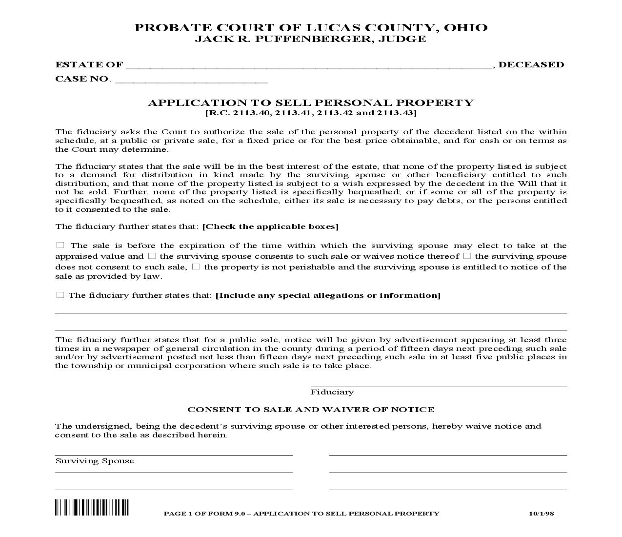 Application To Sell Personal Property {9.0} | Pdf Fpdf Doc Docx | Ohio