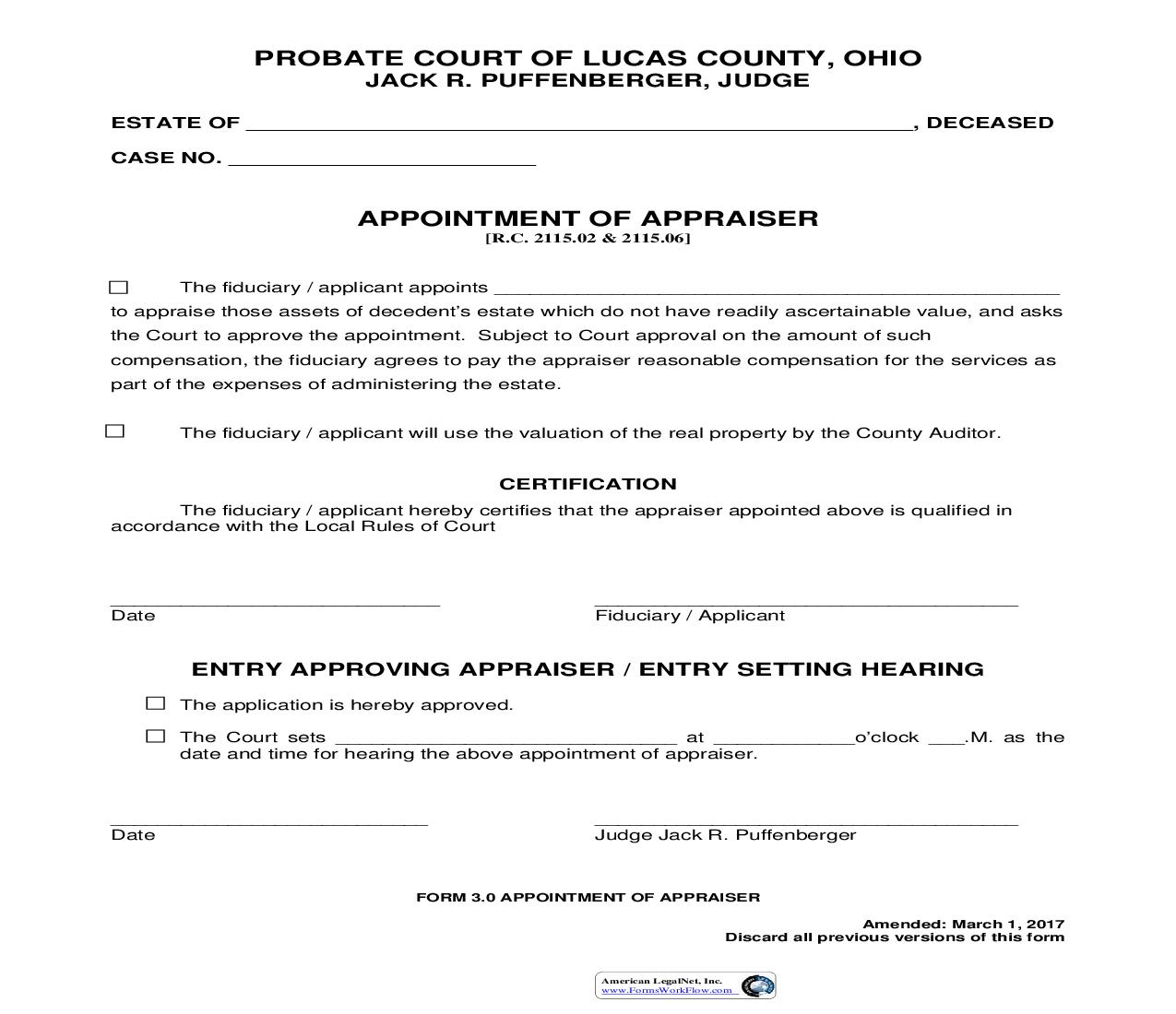 Appointment Of Appraiser {3.0} | Pdf Fpdf Doc Docx | Ohio