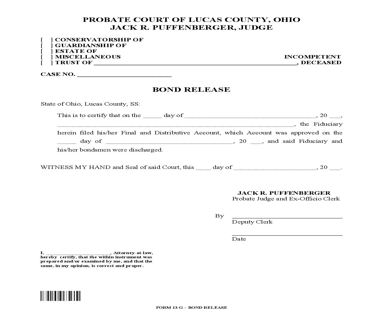 Bond Release {13-G} | Pdf Fpdf Doc Docx | Ohio