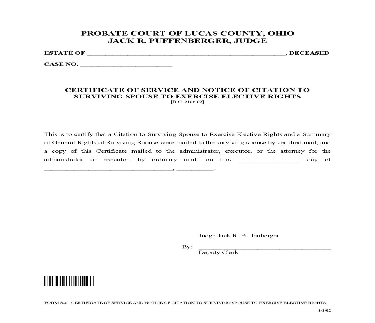Certificate Of Service And Notice Of Citation To Surviving Spouse To Exercise Elective Rights {8.4} | Pdf Fpdf Doc Docx | Ohio