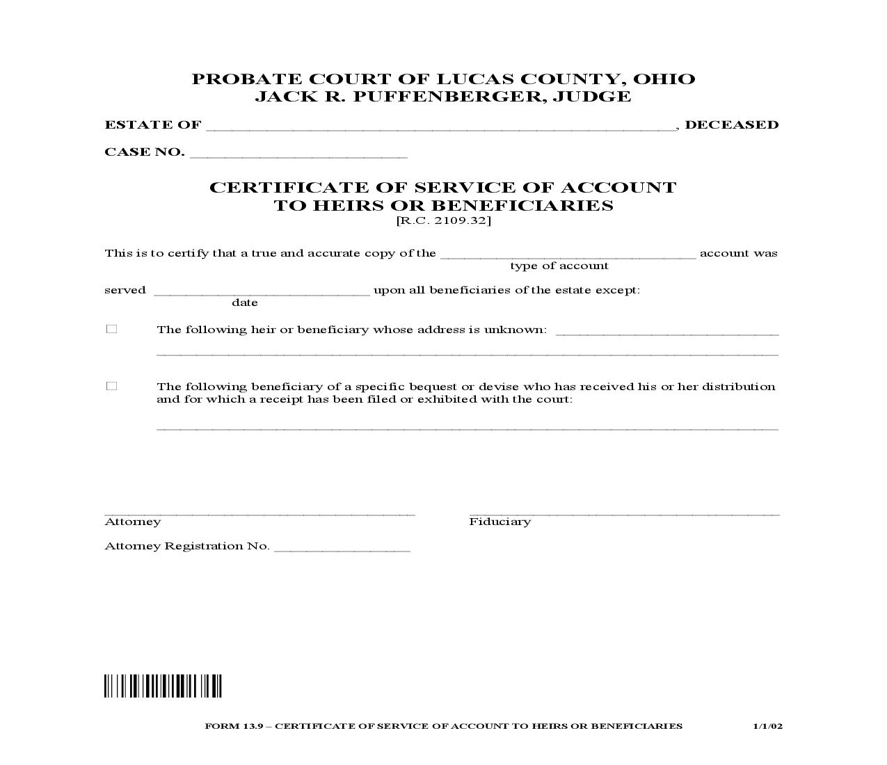 Certificate Of Service Of Account To Heirs Or Beneficiaries {13.9} | Pdf Fpdf Doc Docx | Ohio
