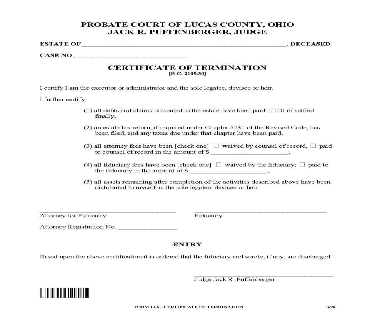 Certificate Of Termination {13.6} | Pdf Fpdf Doc Docx | Ohio