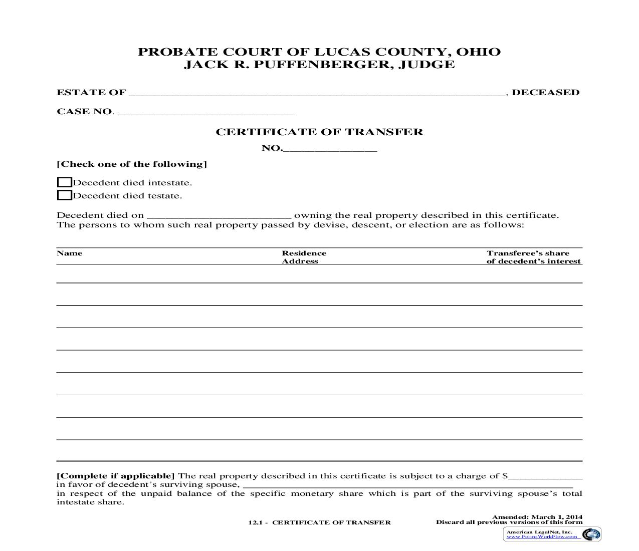 Certificate Of Transfer {12.1} | Pdf Fpdf Doc Docx | Ohio