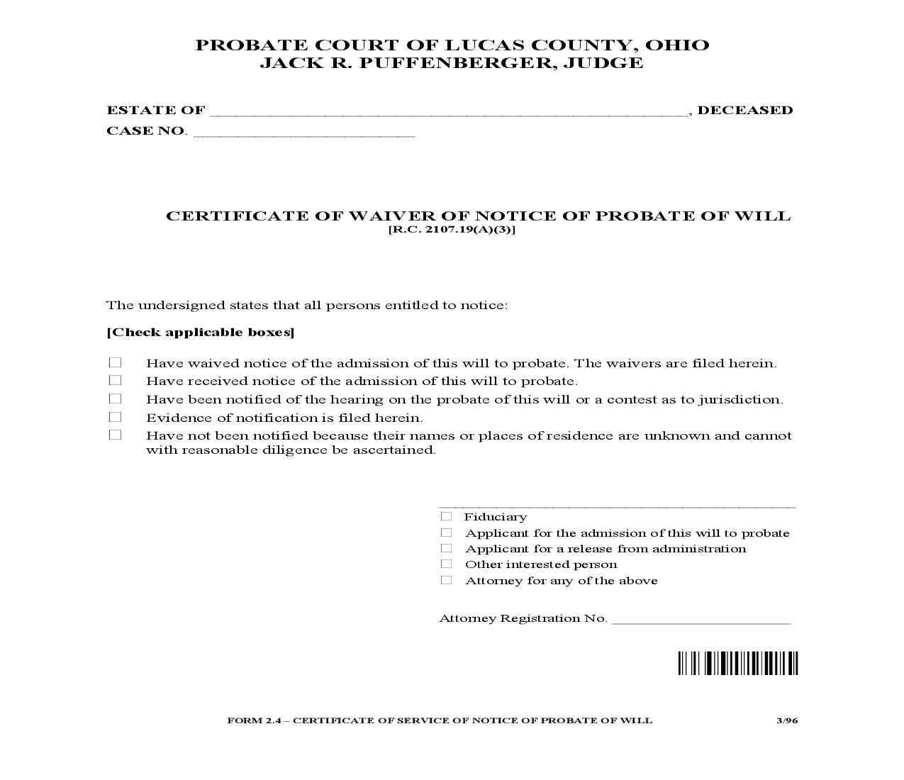 Certificate Of Waiver Of Notice Of Probate Of Will {2.4} | Pdf Fpdf Doc Docx | Ohio