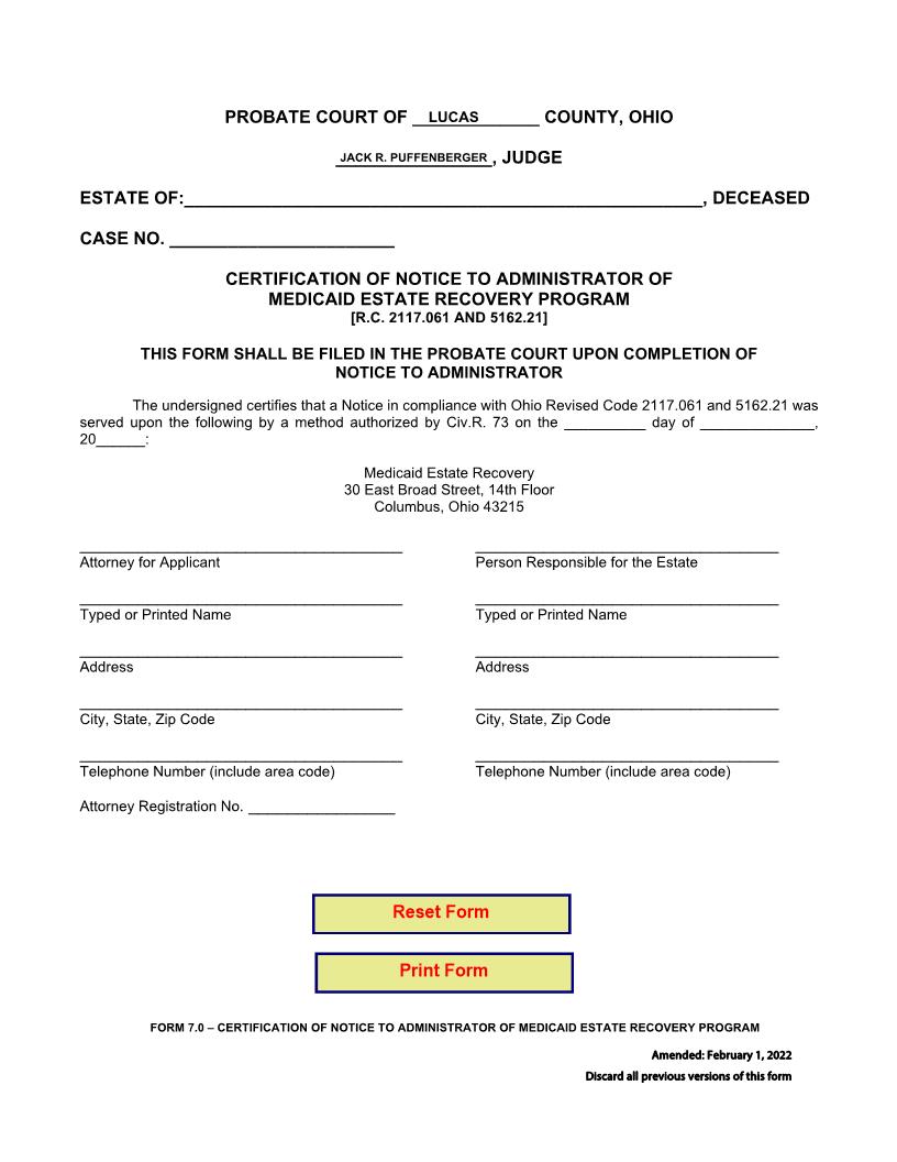 Certification Of Notice To Administrator Of Medicaid Estate Recovery Program {7.0} | Pdf Fpdf Doc Docx | Ohio