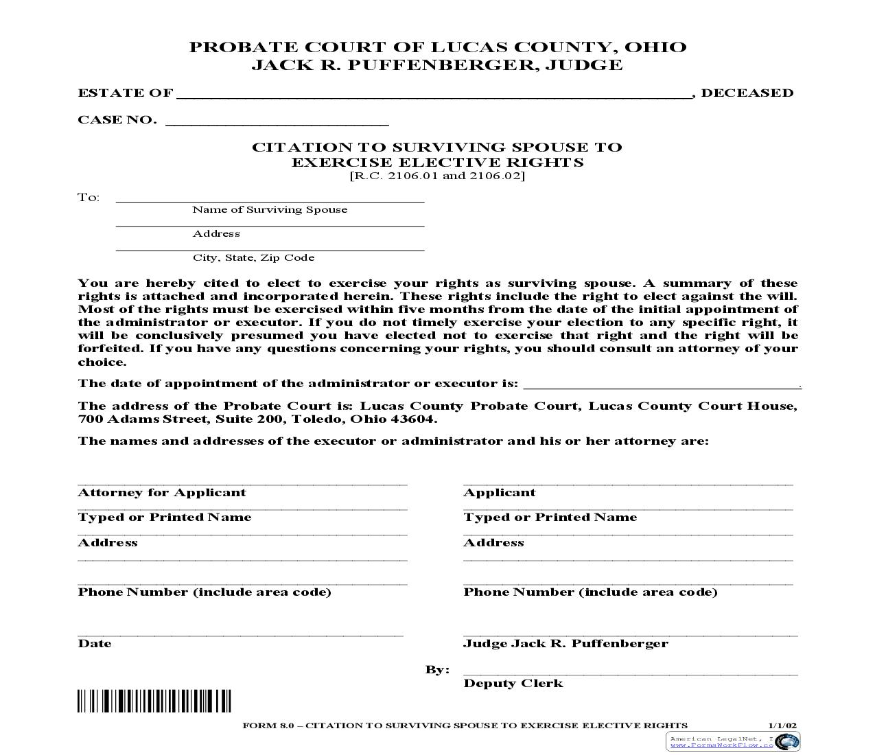 Citation To Surviving Spouse To Exercise Elective Rights {8.0} | Pdf Fpdf Doc Docx | Ohio