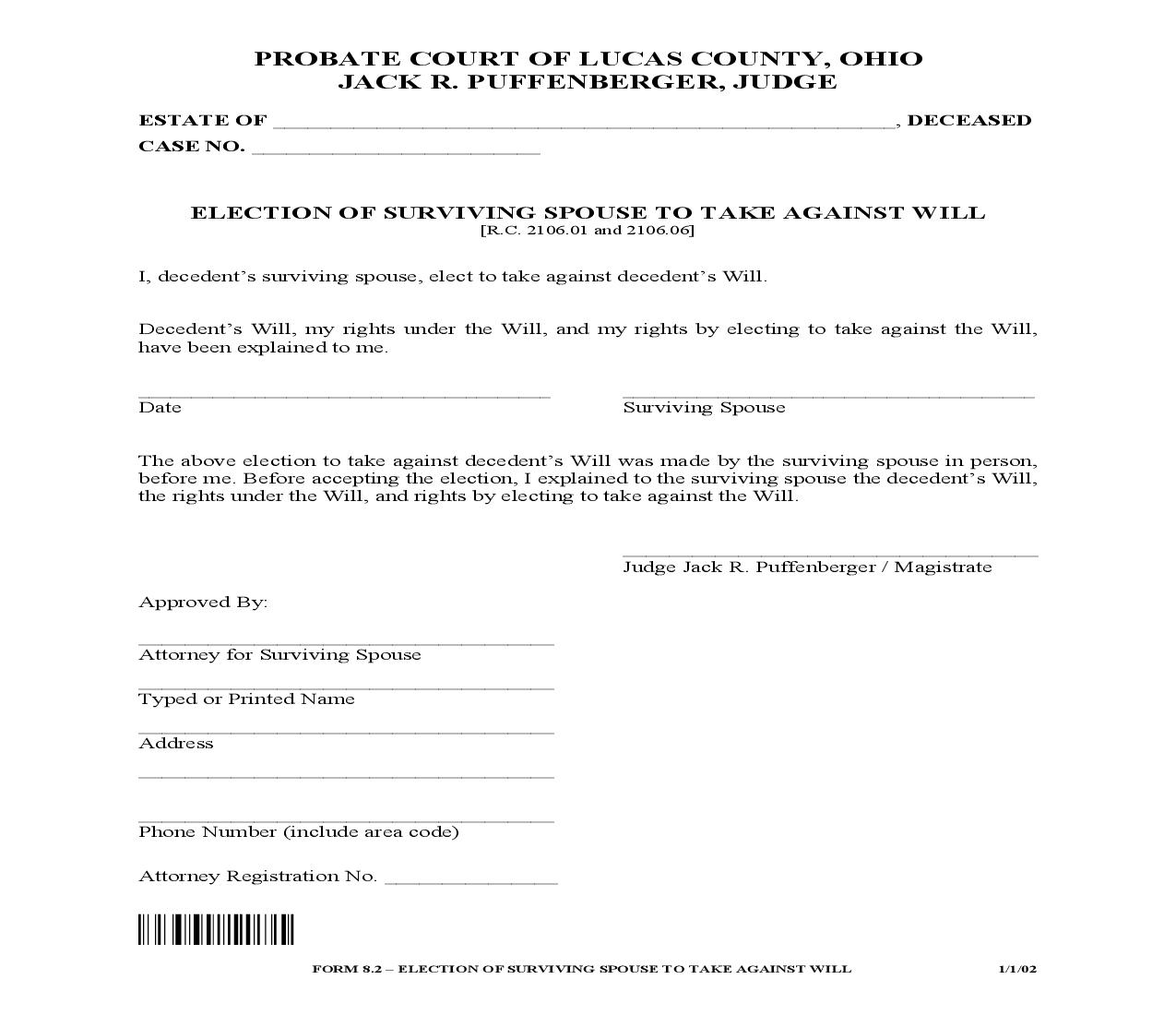 Election Of Surviving Spouse To Take Against Will {8.2} | Pdf Fpdf Doc Docx | Ohio