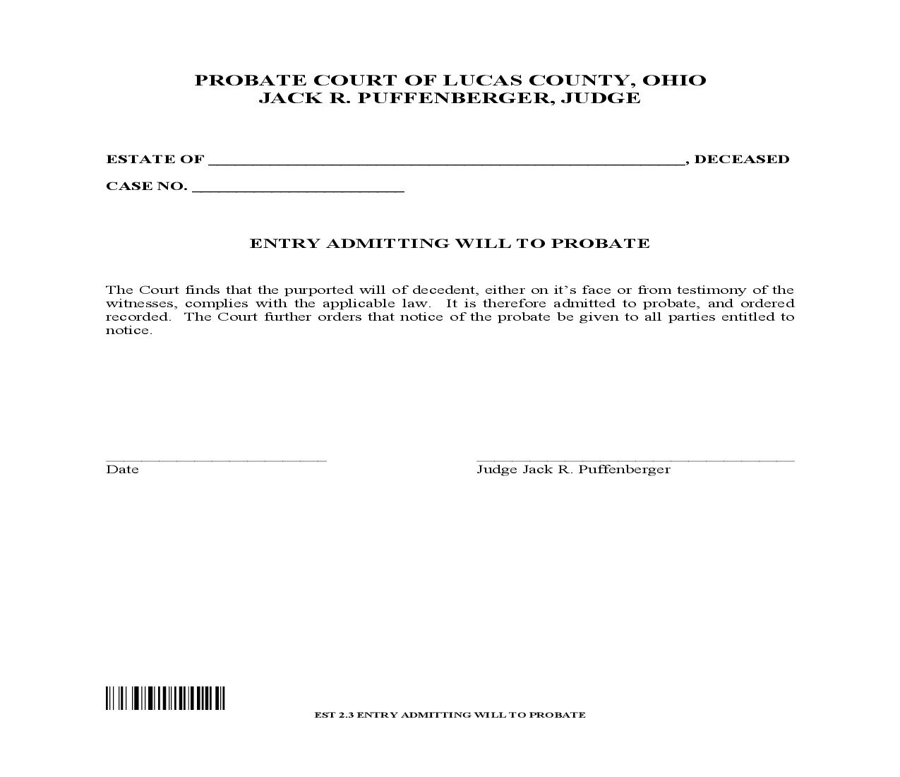 Entry Admitting Will To Probate {2.3} | Pdf Fpdf Doc Docx | Ohio
