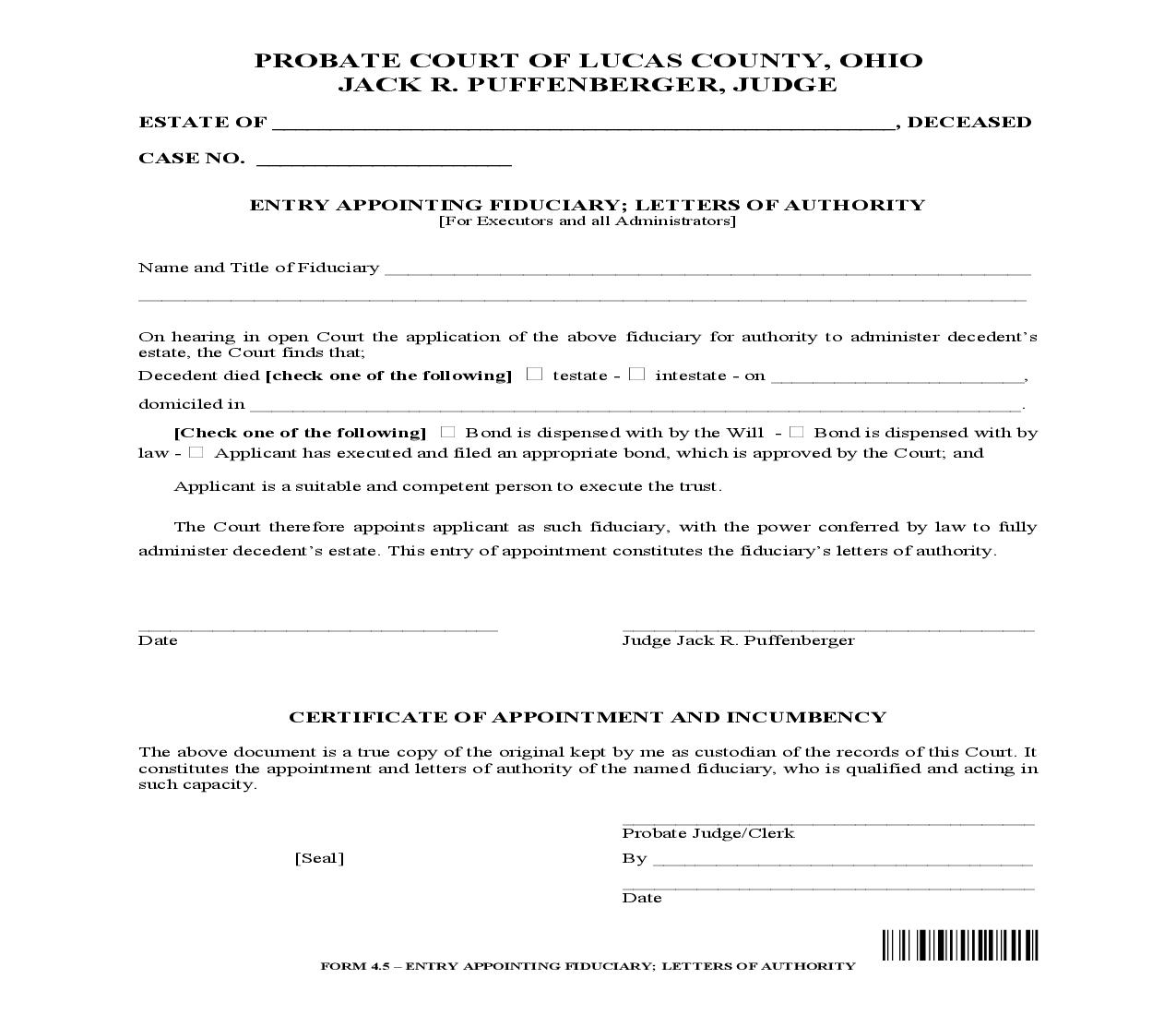 Entry Appointing Fiduciary Letters Of Authority {4.5} | Pdf Fpdf Doc Docx | Ohio