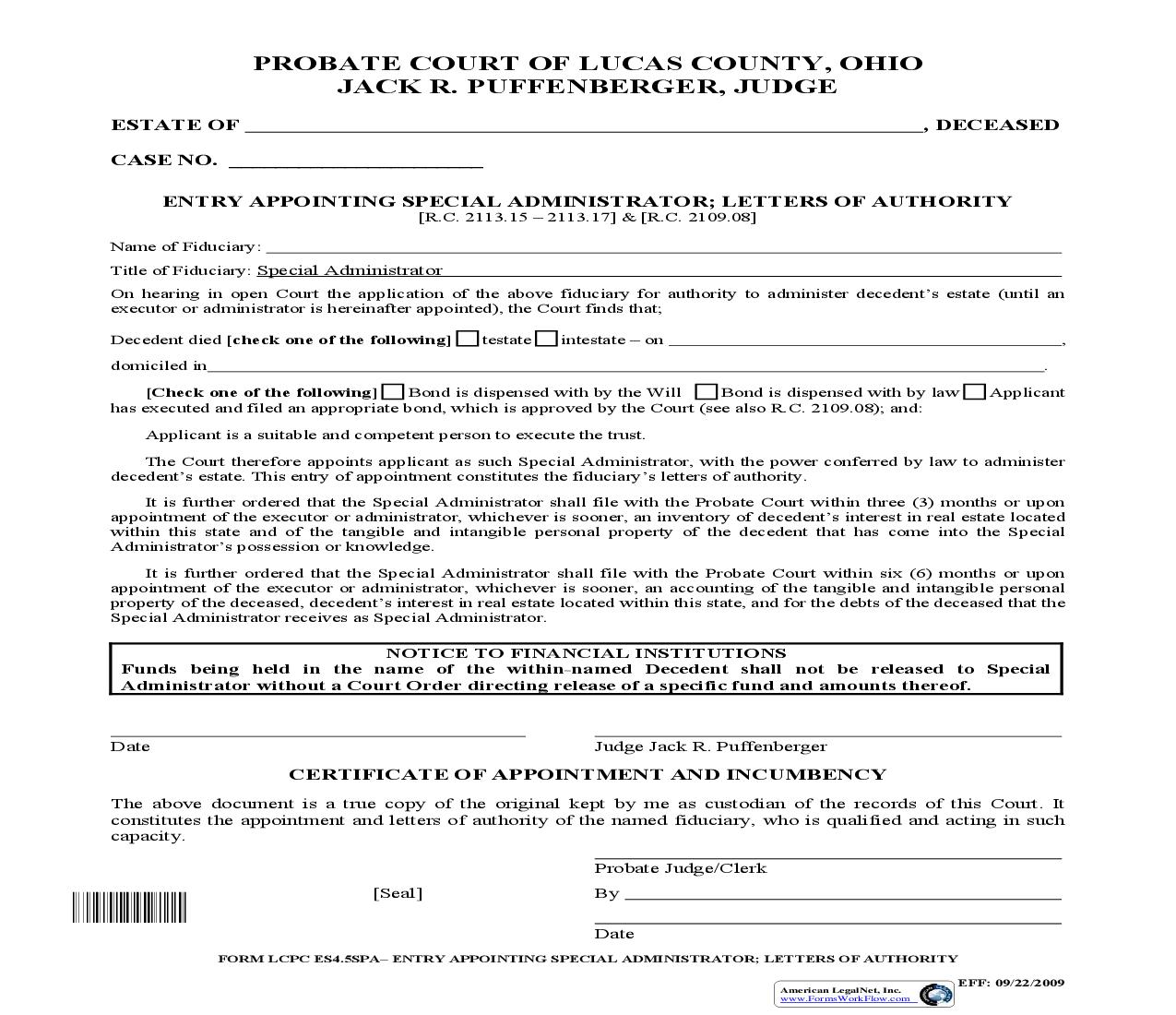 Entry Appointing Special Administrator Letters Of Authority {4.5SPA} | Pdf Fpdf Doc Docx | Ohio