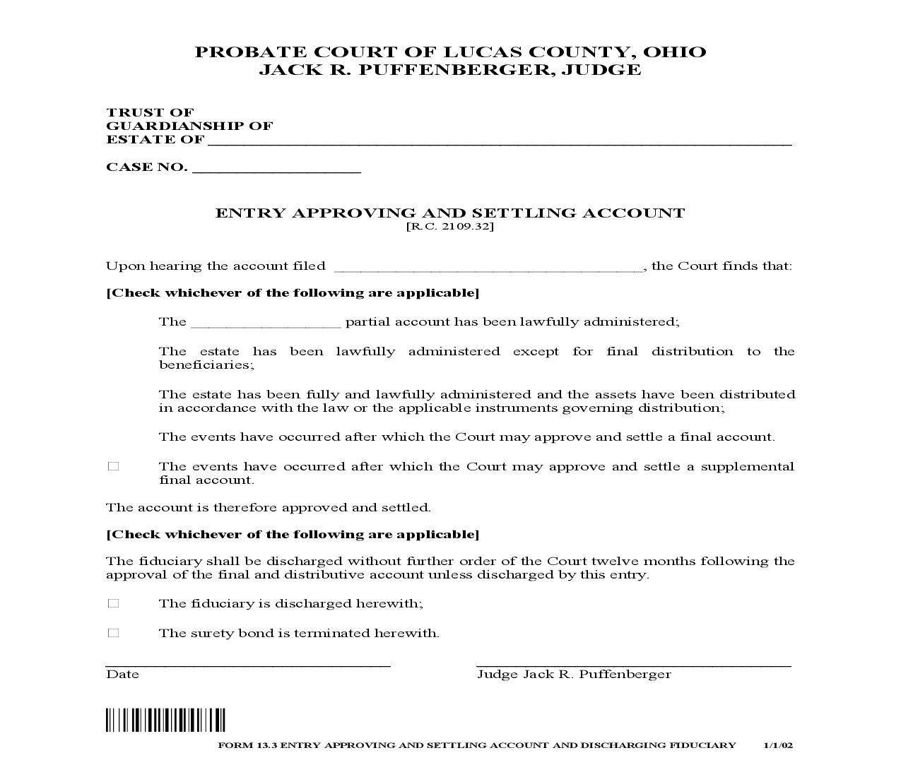 Entry Approving And Settling Account {13.3} | Pdf Fpdf Doc Docx | Ohio