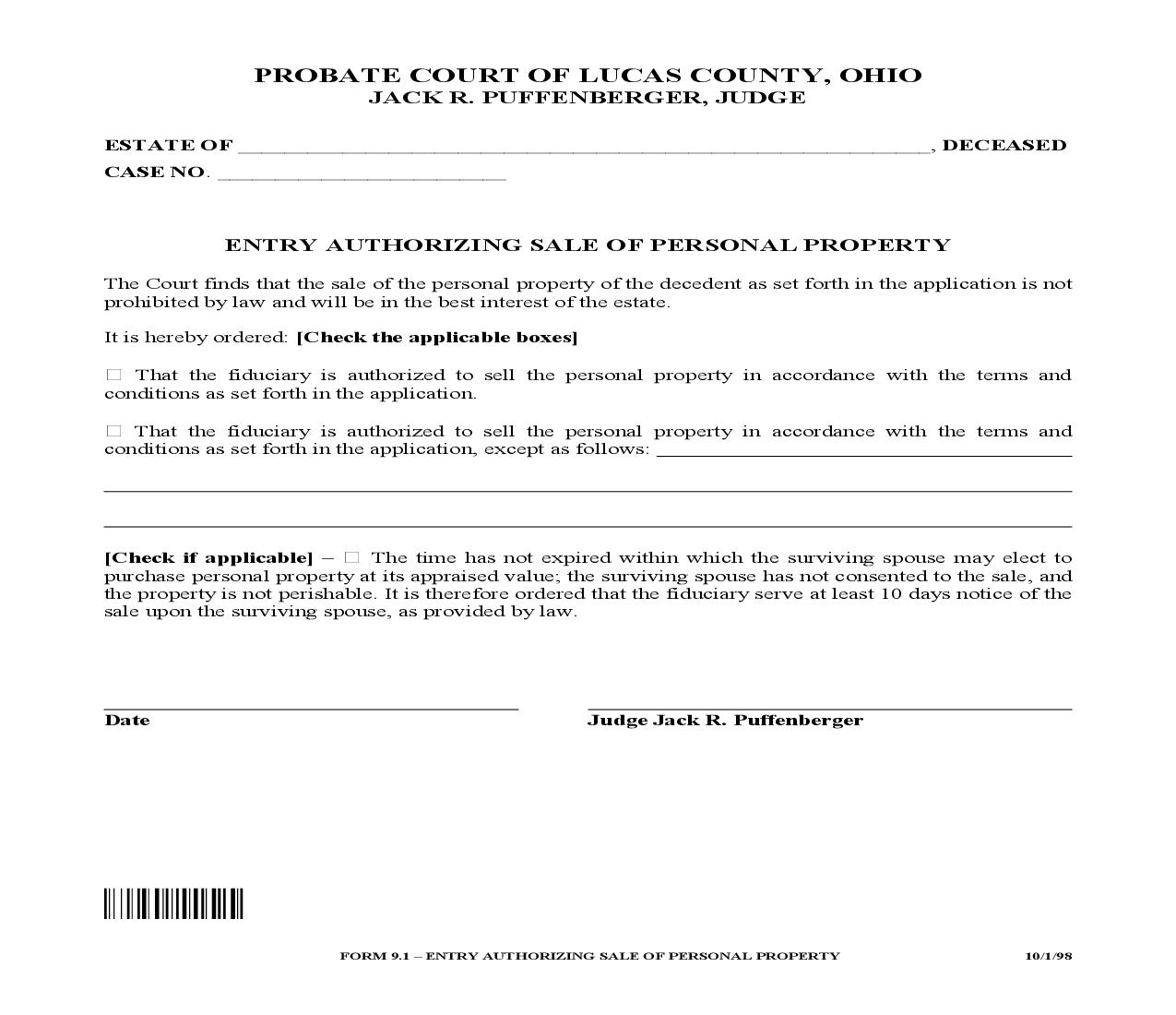 Entry Authorizing Sale Of Personal Property {9.1} | Pdf Fpdf Doc Docx | Ohio