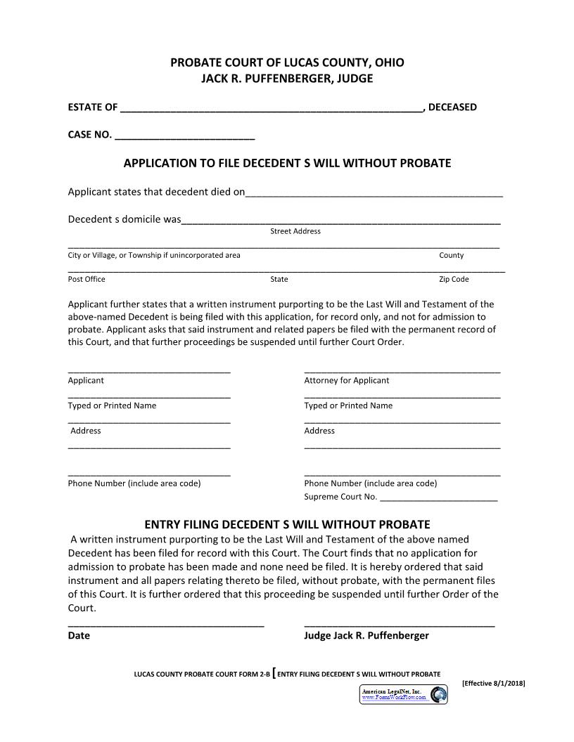 Entry To File Decedents Will Without Probate {2-B} | Pdf Fpdf Docx | Ohio
