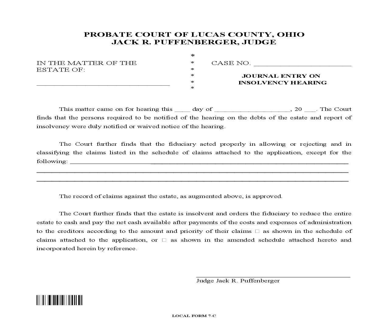 Journal Entry On Insolvency Hearing {7-C} | Pdf Fpdf Doc Docx | Ohio