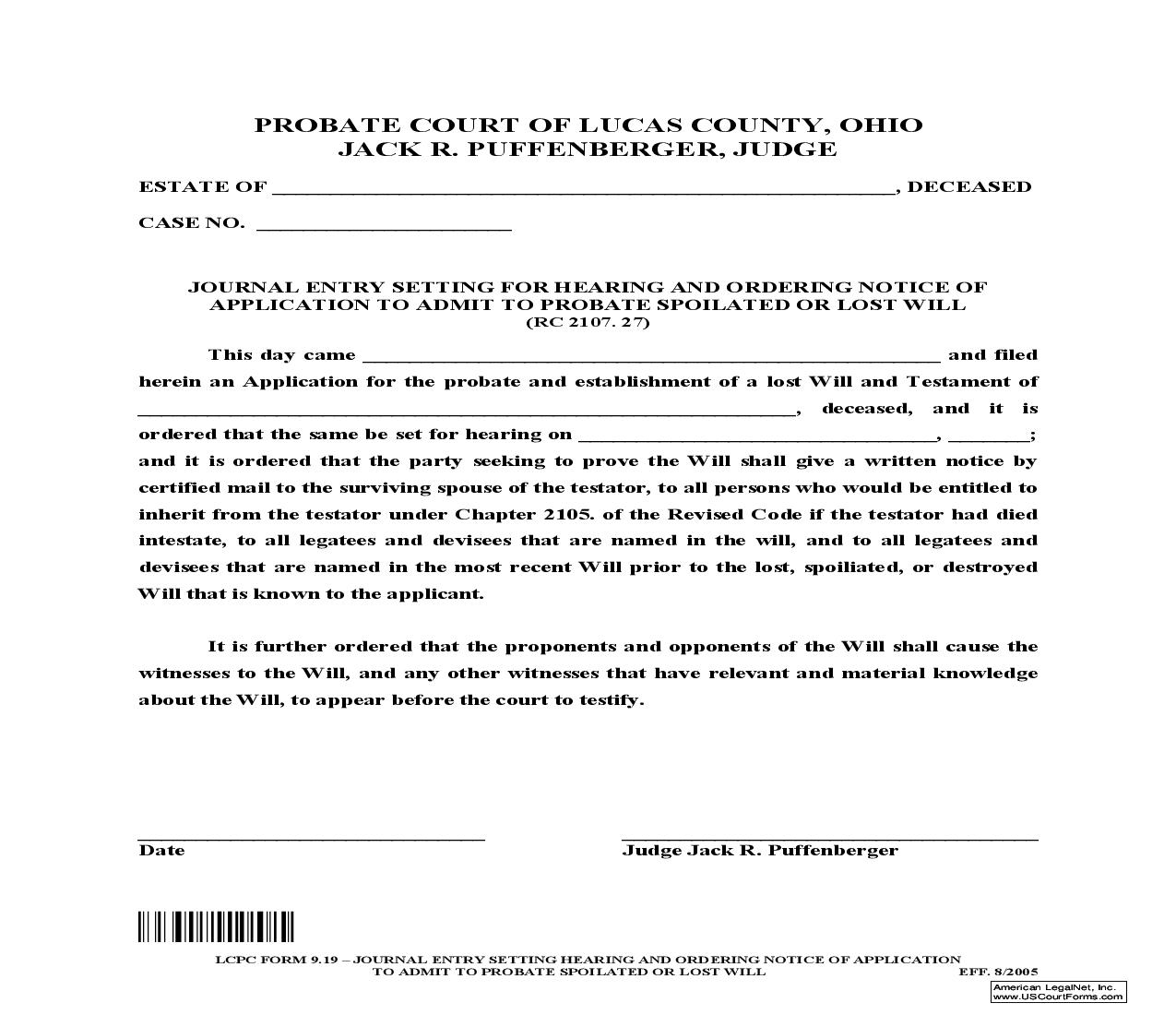 Journal Entry Setting Hearing And Ordering Notice Of Application To Admit To Probate Spoilated Or Lost Will {9.19} | Pdf Fpdf Doc Docx | Ohio