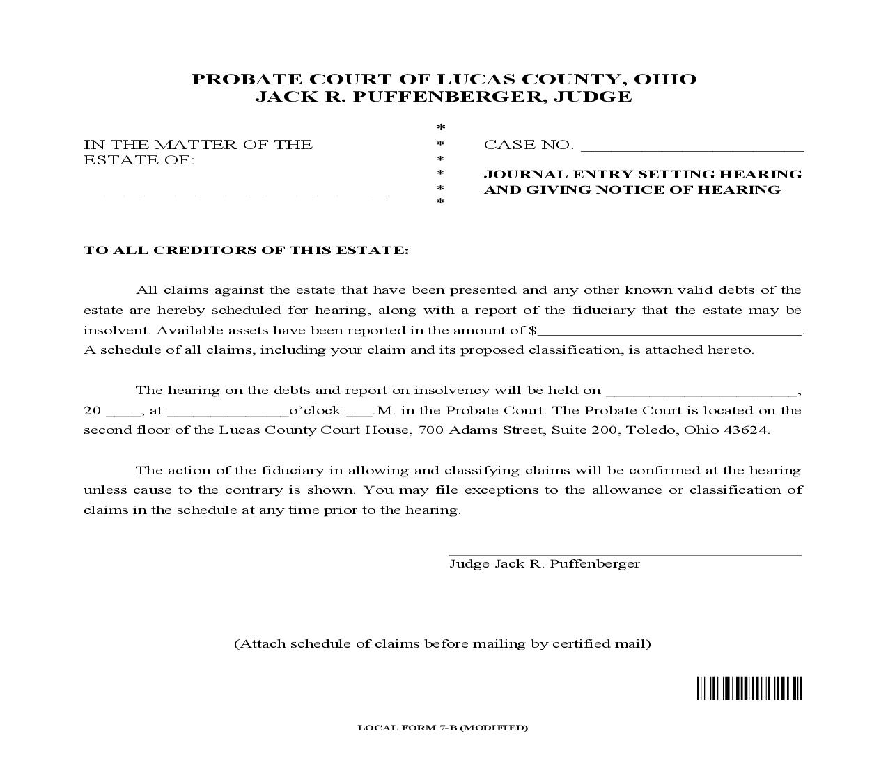 Journal Entry Setting Hearing Giving Notice Of Hearing {7-B} | Pdf Fpdf Doc Docx | Ohio