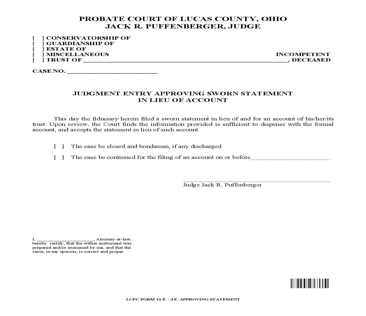 Judgment Entry Approving Sworn Statement In Lieu Of Account {13-E} | Pdf Fpdf Doc Docx | Ohio