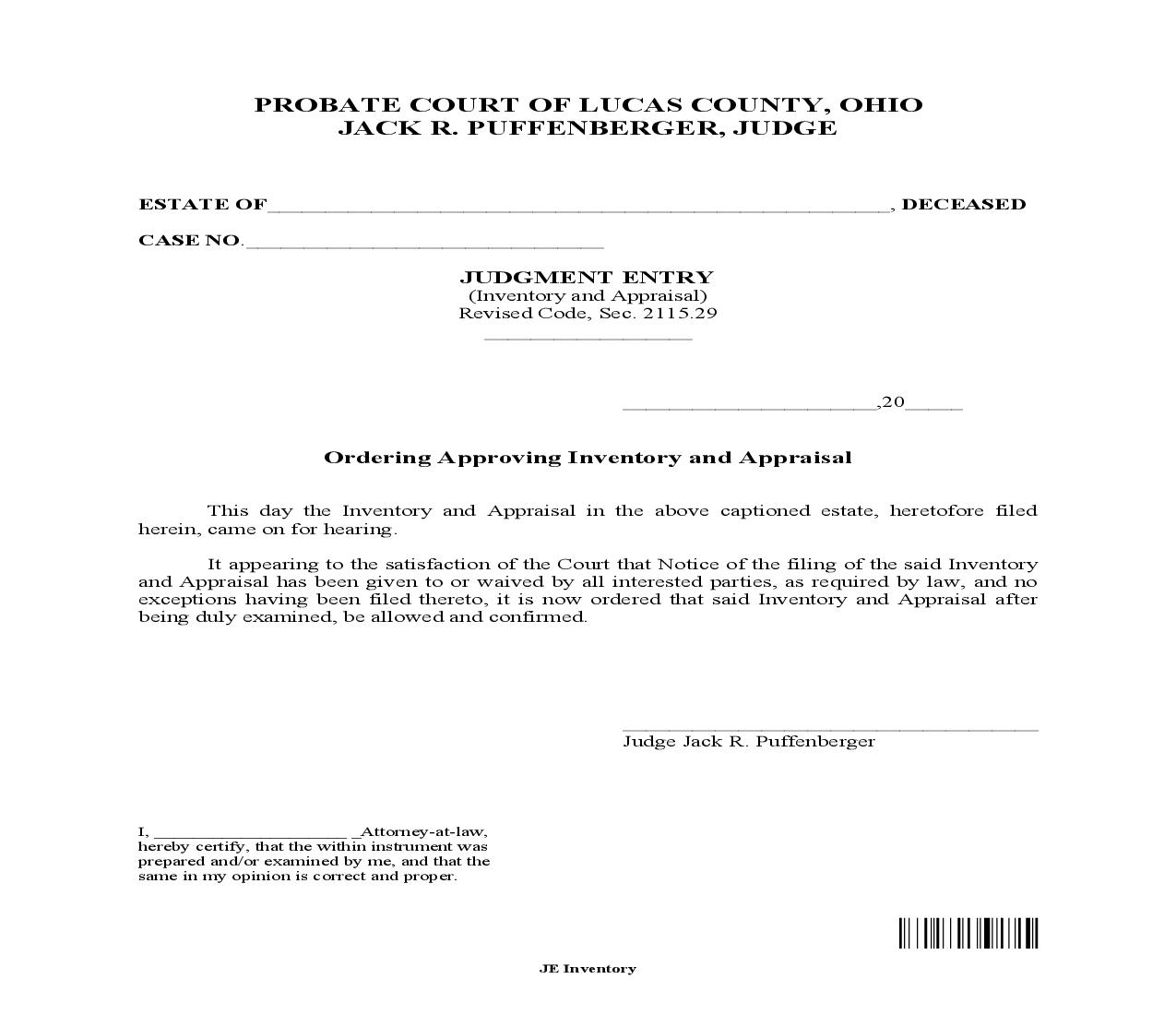 Judgment Entry Inventory And Appraisal {JE-Inv} | Pdf Fpdf Doc Docx | Ohio