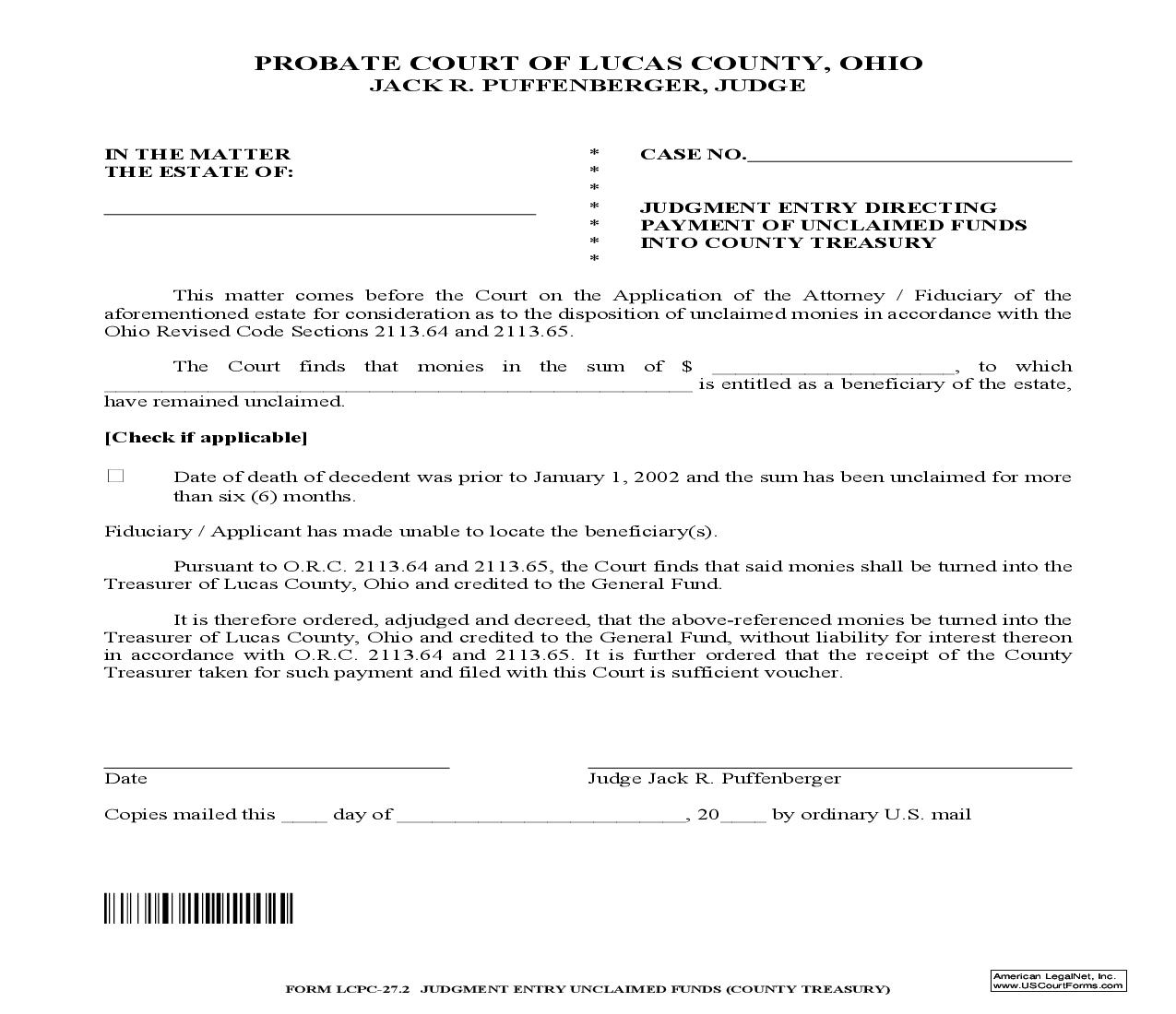 Judgment Entry Unclaimed Funds (County Treasury) {27.2} | Pdf Fpdf Doc Docx | Ohio