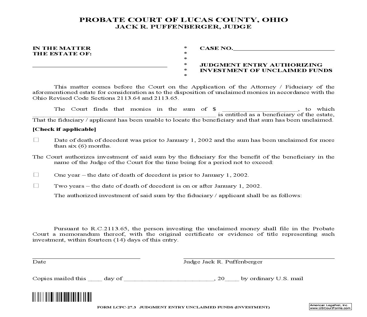 Judgment Entry Unclaimed Funds (Investment) {27.3} | Pdf Fpdf Doc Docx | Ohio