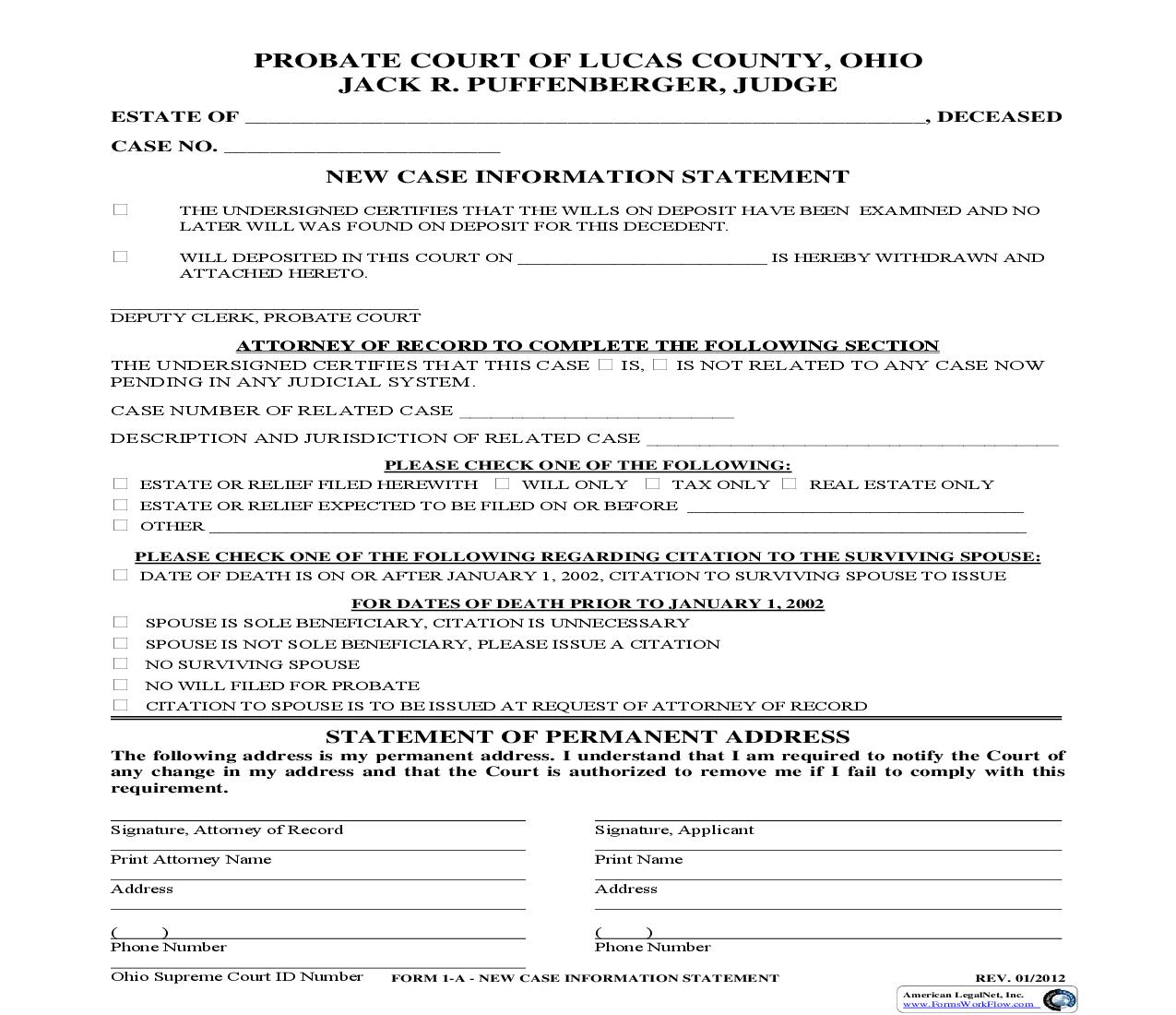 New Case Information Statement {1-A} | Pdf Fpdf Doc Docx | Ohio