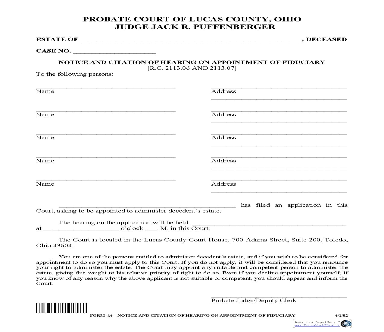 Notice And Citation Of Hearing On Appointment Of Fiduciary {4.4} | Pdf Fpdf Doc Docx | Ohio