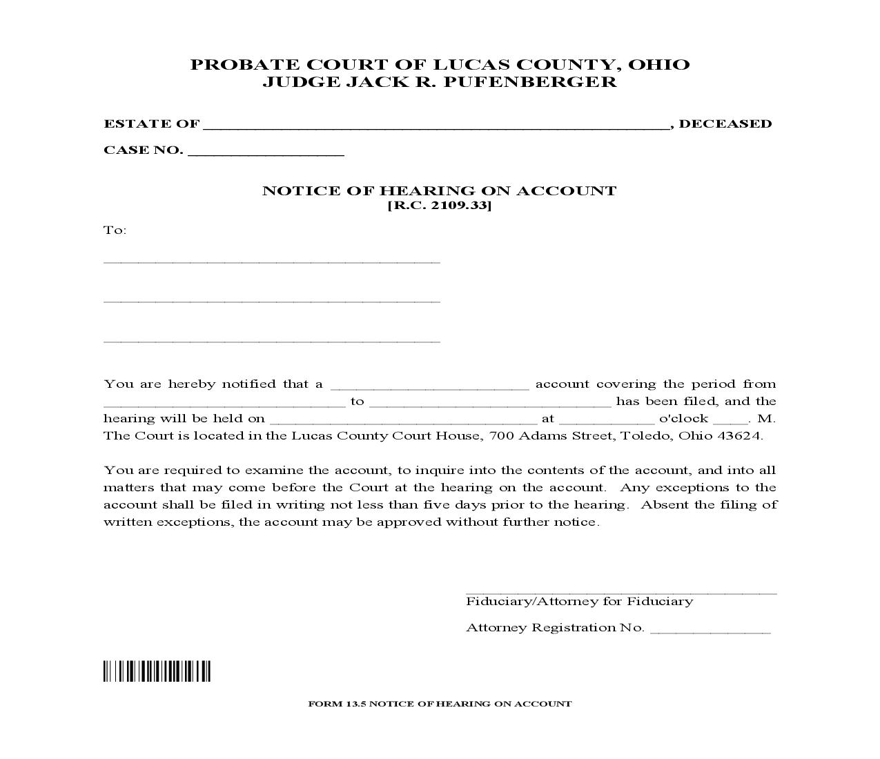 Notice Of Hearing On Account {13.5} | Pdf Fpdf Doc Docx | Ohio